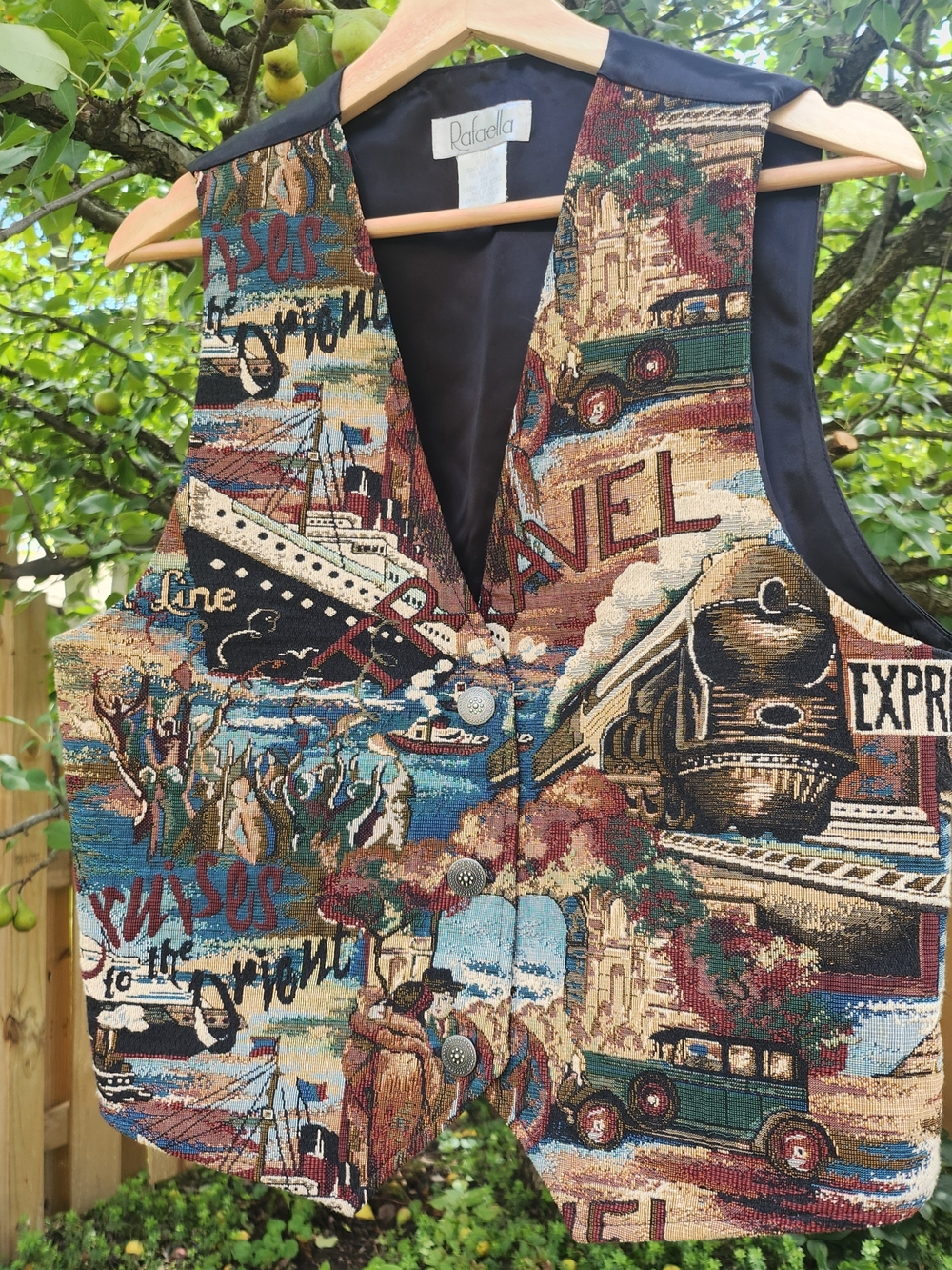 Rafaella Vtg 90s Travel Train Steamer Car Tapestry Vest Sz M